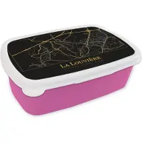 MuchoWow Broodtrommel Roze - Lunchbox - Brooddoos - Kaart - La Louvière - Zwart - Goud - 18x12x6 cm - Kinderen - Meisje