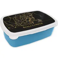 MuchoWow Broodtrommel Blauw - Lunchbox - Brooddoos - Kaart - Kuala Lumpur - Luxe - Goud - Zwart - 18x12x6 cm - Kinderen - Jongen