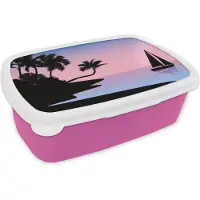 MuchoWow Broodtrommel Roze - Lunchbox - Brooddoos - Strand - Boot - Palmboom - Schaduw - 18x12x6 cm - Kinderen - Meisje