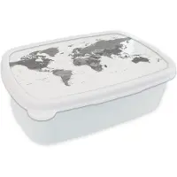 MuchoWow Broodtrommel Wit - Lunchbox - Brooddoos - Wereldkaart in grijstinten - zwart wit - 18x12x6 cm - Volwassenen
