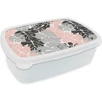MuchoWow Broodtrommel Wit - Lunchbox - Brooddoos - Monstera - Pastel - Patronen - Bladeren - 18x12x6 cm - Volwassenen