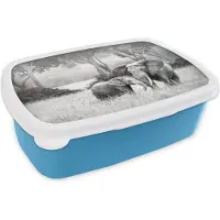 MuchoWow Broodtrommel Blauw - Lunchbox - Brooddoos - Baby olifant met haar moeder in zwart-wit - zwart wit - 18x12x6 cm - Kinderen - Jongen