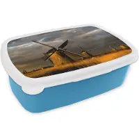 MuchoWow Broodtrommel Blauw - Lunchbox - Brooddoos - Molen - Nacht - Nederland - 18x12x6 cm - Kinderen - Jongen