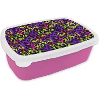 MuchoWow Broodtrommel Roze - Lunchbox Panterprint - Neon - Paars - Geel - Brooddoos 18x12x6 cm - Brood lunch box - Broodtrommels voor kinderen en volwassenen