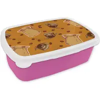 MuchoWow Broodtrommel Roze - Lunchbox - Brooddoos - Koffie - Patronen - Koffiebonen - 18x12x6 cm - Kinderen - Meisje