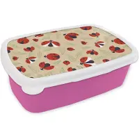MuchoWow Broodtrommel Roze - Lunchbox - Brooddoos - Lieveheersbeestje - Bladeren - Design - 18x12x6 cm - Kinderen - Meisje