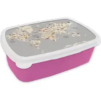 MuchoWow Broodtrommel Roze - Lunchbox - Brooddoos - Wereldkaart - Kinderkamer - Dinosauriërs - Jongens - Meisjes - Kinderen - 18x12x6 cm - Kinderen - Meisje