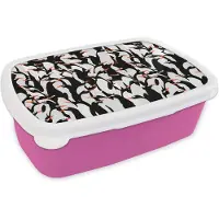MuchoWow Broodtrommel Roze - Lunchbox - Brooddoos - Pinguïns - Dieren - Patronen - Zentangle - 18x12x6 cm - Kinderen - Meisje
