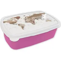 MuchoWow Broodtrommel Roze - Lunchbox - Brooddoos - Wereldkaart - Simpel - Bruin - 18x12x6 cm - Kinderen - Meisje