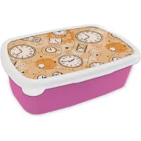 MuchoWow Broodtrommel Roze - Lunchbox - Brooddoos - Patronen - Klok - Zandloper - 18x12x6 cm - Kinderen - Meisje