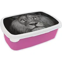MuchoWow Broodtrommel Roze - Lunchbox - Brooddoos - Leeuw - Portret - Zwart - Wit - 18x12x6 cm - Kinderen - Meisje