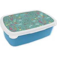 MuchoWow Broodtrommel Blauw - Lunchbox - Brooddoos - Herfst - Patroon - Fiets - Regen - 18x12x6 cm - Kinderen - Jongen