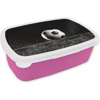 MuchoWow Broodtrommel Roze - Lunchbox - Brooddoos - Voetbal in het gras - zwart wit - 18x12x6 cm - Kinderen - Meisje
