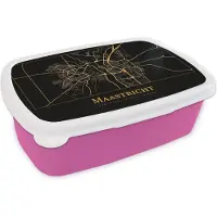 MuchoWow Broodtrommel Roze - Lunchbox - Brooddoos - Kaart - Maastricht - Goud - Zwart - 18x12x6 cm - Kinderen - Meisje