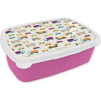 MuchoWow Broodtrommel Roze - Lunchbox - Brooddoos - Auto - Patronen - Voertuigen - 18x12x6 cm - Kinderen - Meisje