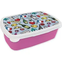 MuchoWow Broodtrommel Roze - Lunchbox - Brooddoos - Parijs - Patronen - Frankrijk - 18x12x6 cm - Kinderen - Meisje