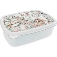 MuchoWow Broodtrommel Wit - Lunchbox - Brooddoos - Waterverf - Dieren - Planten - Pastel - Jongens - Meisjes - Kinderen - Kind - 18x12x6 cm - Volwassenen