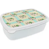 MuchoWow Broodtrommel Wit - Lunchbox - Brooddoos - Katten - Planten - Pastel - Kind - Patroon - 18x12x6 cm - Volwassenen