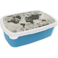MuchoWow Broodtrommel Blauw - Lunchbox - Brooddoos - Wereldkaart - Bloemen - Grijs - 18x12x6 cm - Kinderen - Jongen