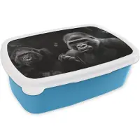 MuchoWow Broodtrommel Blauw - Lunchbox - Brooddoos - Twee gorilla's en vlinders in de jungle - zwart wit - 18x12x6 cm - Kinderen - Jongen