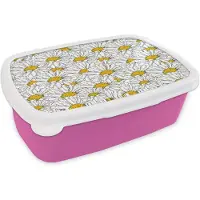 MuchoWow Broodtrommel Roze - Lunchbox - Brooddoos - Bloemen - Wit - Lente - Patronen - 18x12x6 cm - Kinderen - Meisje