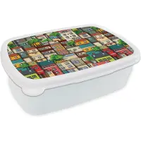 MuchoWow Broodtrommel Wit - Lunchbox - Brooddoos - Patronen - Huis - Boom - Jongens - Kinderen - Kids - 18x12x6 cm - Volwassenen