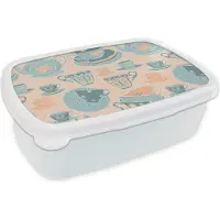 MuchoWow Broodtrommel Wit - Lunchbox - Brooddoos - Patronen - Vintage - Kopje - Thee - 18x12x6 cm - Volwassenen