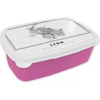 MuchoWow Broodtrommel Roze - Lunchbox - Brooddoos - Kaart – Lyon - Zwart Wit – Plattegrond – Stadskaart - 18x12x6 cm - Kinderen - Meisje