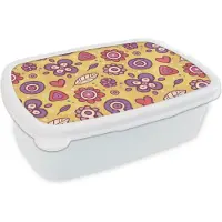 MuchoWow Broodtrommel Wit - Lunchbox Patroon - Bloemen - Paars - Oranje - Brooddoos 18x12x6 cm - Brood lunch box - Broodtrommels voor kinderen en volwassenen