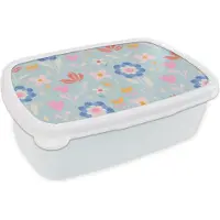 MuchoWow Broodtrommel Wit - Lunchbox - Brooddoos - Bloemen - Planten - Patroon - 18x12x6 cm - Volwassenen