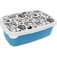 MuchoWow Broodtrommel Blauw - Lunchbox - Brooddoos - Patroon - Dieren - Zwart Wit - 18x12x6 cm - Kinderen - Jongen