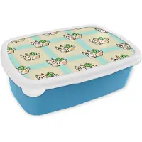 MuchoWow Broodtrommel Blauw - Lunchbox - Brooddoos - Katten - Planten - Pastel - Kind - Patroon - 18x12x6 cm - Kinderen - Jongen