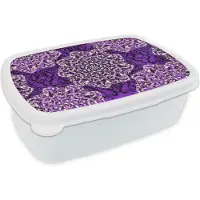 MuchoWow Broodtrommel Wit - Lunchbox - Brooddoos - Roos - Paars - Patronen - Barok - 18x12x6 cm - Volwassenen
