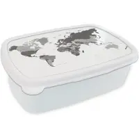 MuchoWow Broodtrommel Wit - Lunchbox - Brooddoos - De landen zijn met verschillende tinten grijs aangegeven op de wereldkaart - zwart wit - 18x12x6 cm - Volwassenen