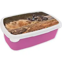 MuchoWow Broodtrommel Roze - Lunchbox - Brooddoos - Quad - Rally - Zand - 18x12x6 cm - Kinderen - Meisje