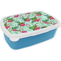 MuchoWow Broodtrommel Blauw - Lunchbox - Brooddoos - Flamingo - Jungle - Tropisch - Dieren - Patroon - 18x12x6 cm - Kinderen - Jongen