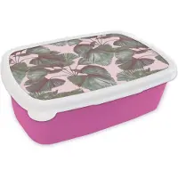 MuchoWow Broodtrommel Roze - Lunchbox - Brooddoos - Bladeren - Vintage - Tropisch - Patronen - 18x12x6 cm - Kinderen - Meisje