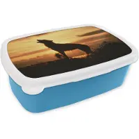 MuchoWow Broodtrommel Blauw - Lunchbox - Brooddoos - Wolf - Zon - Silhouet - 18x12x6 cm - Kinderen - Jongen