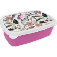 MuchoWow Broodtrommel Roze - Lunchbox - Brooddoos - Jungle - Bloemen - Vintage - Patronen - 18x12x6 cm - Kinderen - Meisje