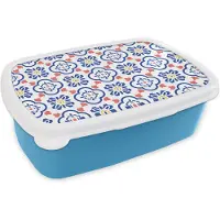MuchoWow Broodtrommel Blauw - Lunchbox - Brooddoos - Bloem - Blauw - Rood - Patroon - 18x12x6 cm - Kinderen - Jongen
