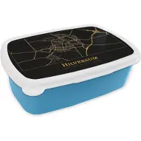 MuchoWow Broodtrommel Blauw - Lunchbox - Brooddoos - Kaart - Hilversum - Simpel - Goud - Zwart - 18x12x6 cm - Kinderen - Jongen