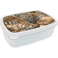 MuchoWow Broodtrommel Wit - Lunchbox - Brooddoos - Tijgers - Welp - Zon - 18x12x6 cm - Volwassenen