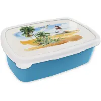 MuchoWow Broodtrommel Blauw - Lunchbox - Brooddoos - Vuurtoren - Palmboom - Strand - 18x12x6 cm - Kinderen - Jongen