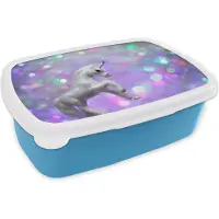 MuchoWow Broodtrommel Blauw - Lunchbox - Brooddoos - Wit eenhoorn ornament - 18x12x6 cm - Kinderen - Jongen