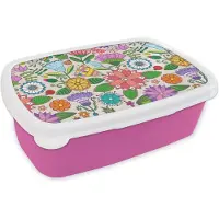 MuchoWow Broodtrommel Roze - Lunchbox - Brooddoos - Bloemen - Regenboog - Vlinder - Design - 18x12x6 cm - Kinderen - Meisje