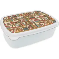 MuchoWow Broodtrommel Wit - Lunchbox - Brooddoos - Patronen - Kat - Boek - Jongens - Meisjes - Kinderen - Kids - 18x12x6 cm - Volwassenen