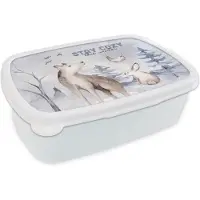 MuchoWow Broodtrommel Wit - Lunchbox - Brooddoos - Winter - Wolf - Vogel - Konijn - 18x12x6 cm - Volwassenen