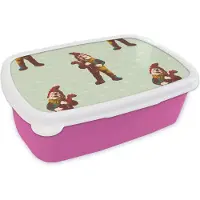 MuchoWow Broodtrommel Roze - Lunchbox - Brooddoos - Kabouter - Patronen - Tuin - 18x12x6 cm - Kinderen - Meisje