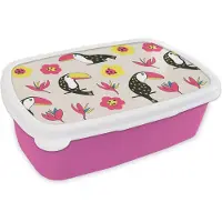 MuchoWow Broodtrommel Roze - Lunchbox - Brooddoos - Patronen - Vogel - Bloemen - 18x12x6 cm - Kinderen - Meisje