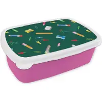 MuchoWow Broodtrommel Roze - Lunchbox - Brooddoos - Kantoor - Patronen - Potloden - 18x12x6 cm - Kinderen - Meisje